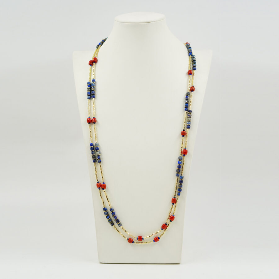 Collana Multifilo con ematite dorata, lapislazzuli, corallo - immagine 2