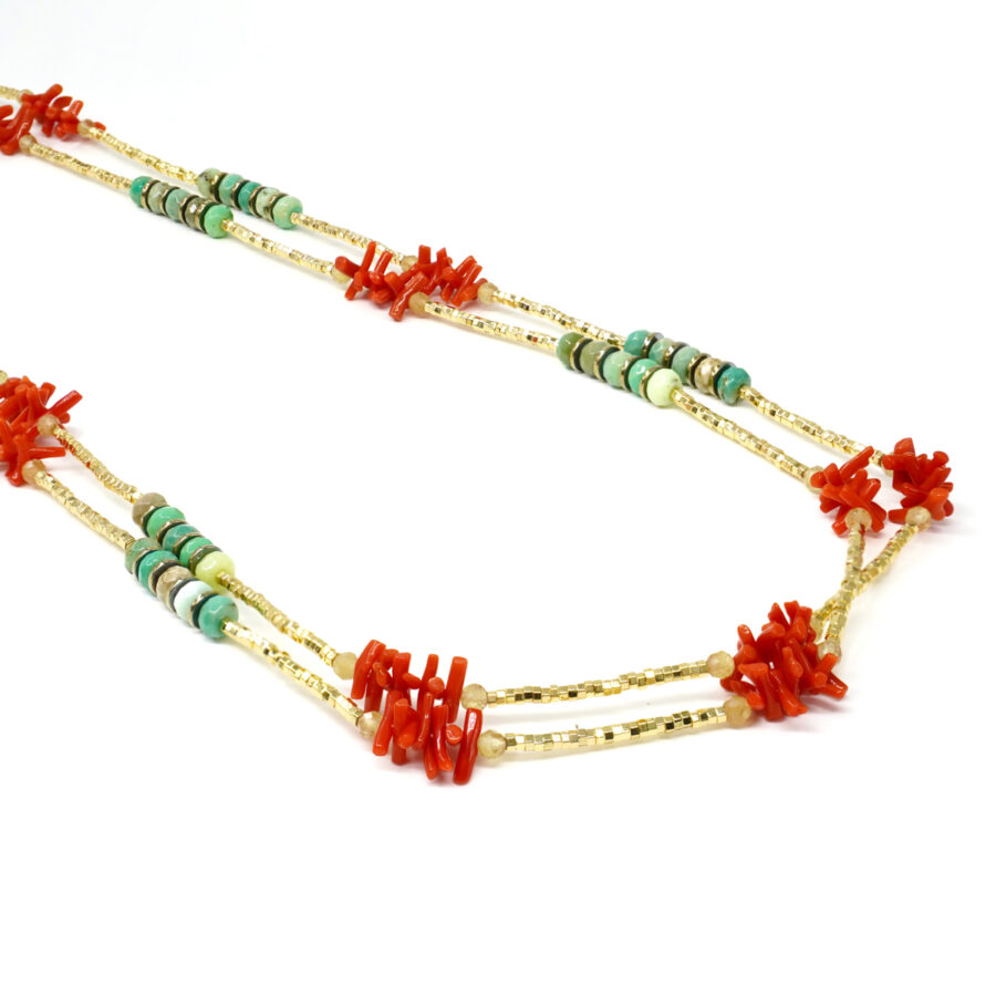 Collana Multifilo con ematite dorata, agata green grass, corallo, apatite gialla