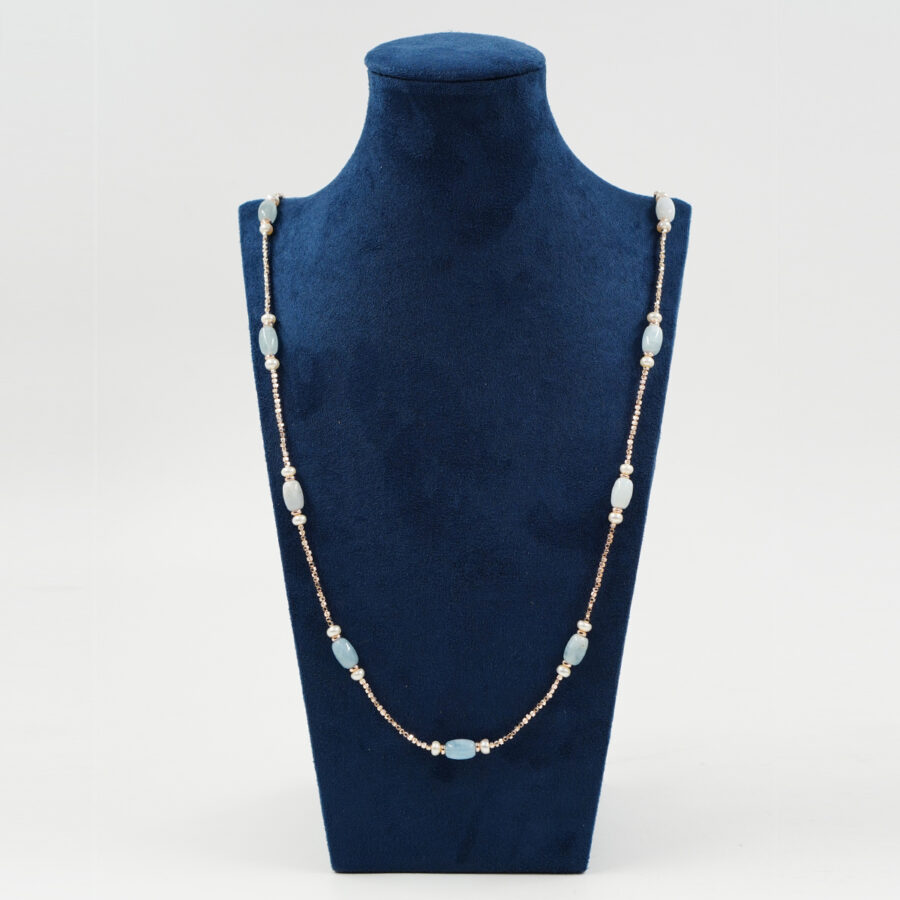 Collana con ematite rosè, acquamarina, perla, chiusura in argento – Rosè - immagine 2