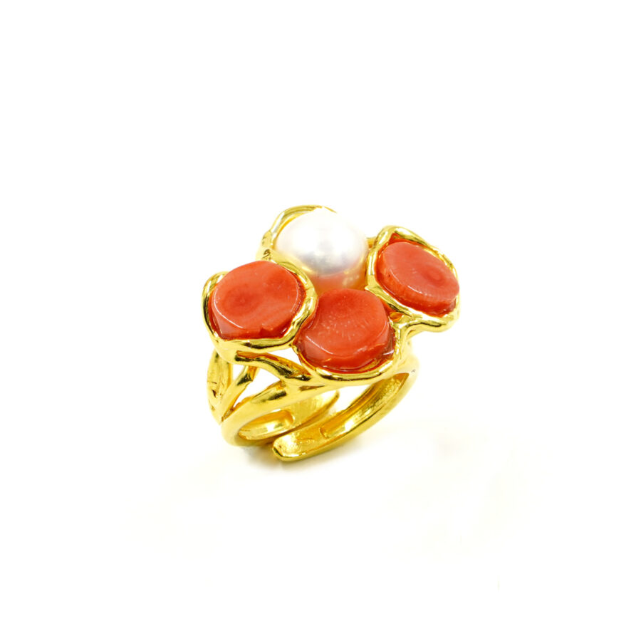 Anello in Argento con perla, corallo arancio - Dorato