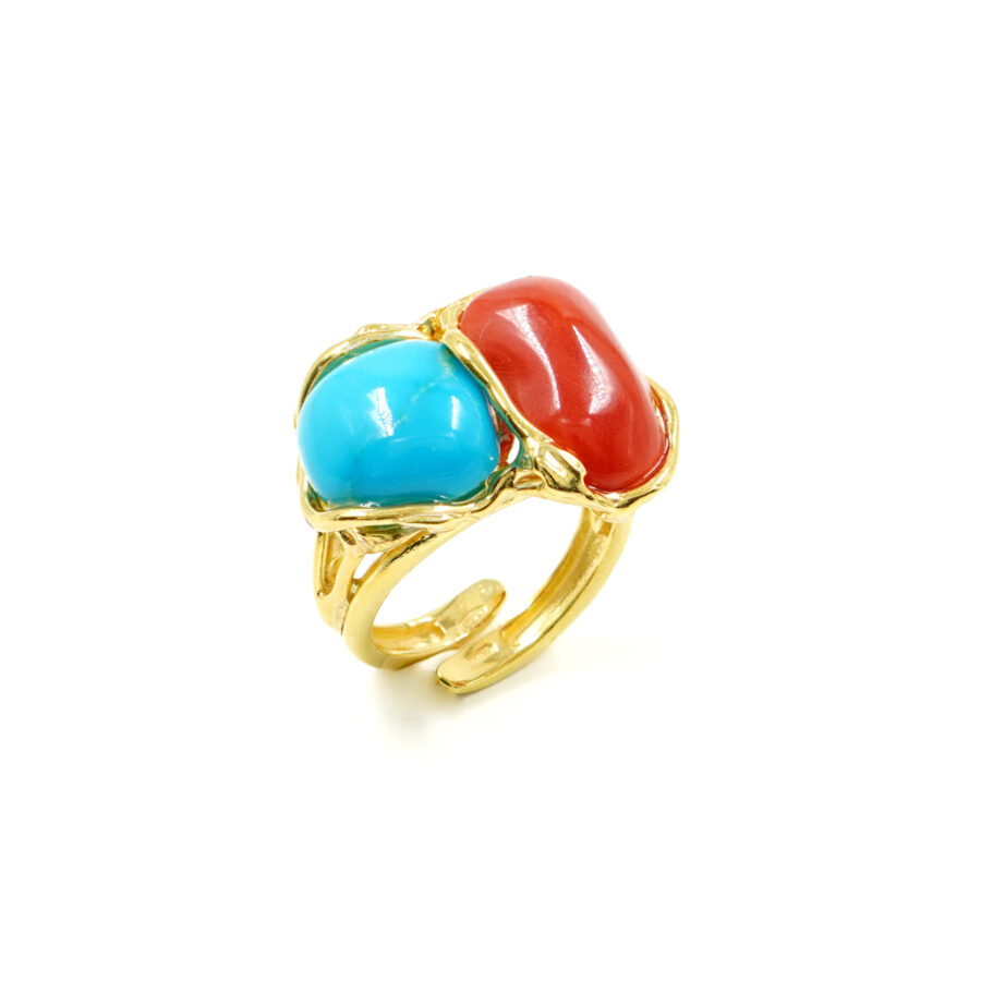 Anello in argento con corallo e turchese – Dorato