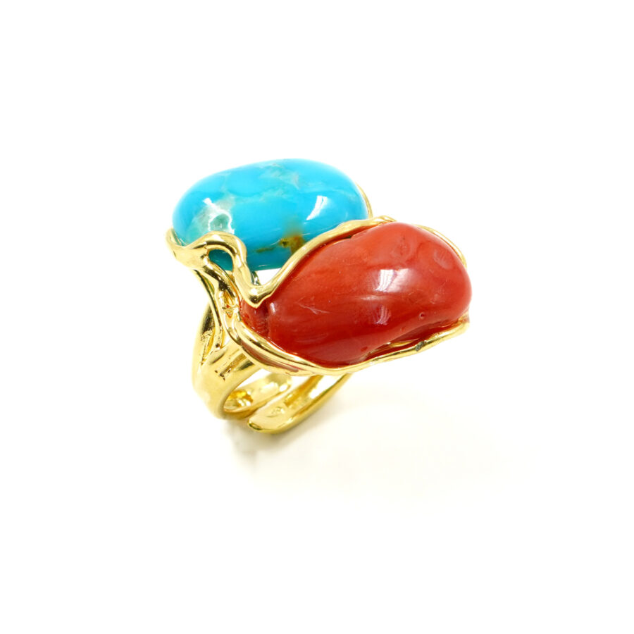 Anello in argento con corallo e turchese – Dorato - immagine 2