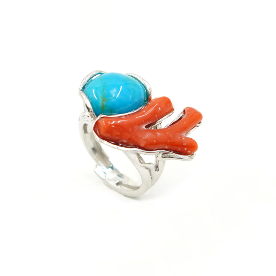 Anello in argento con ramo di corallo rosa e turchese - Rodiato