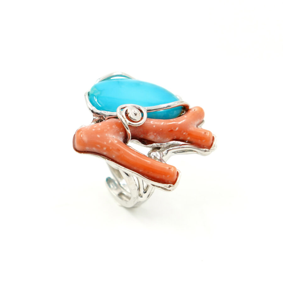 Anello in argento con ramo di corallo rosa e turchese - Rodiato - immagine 2