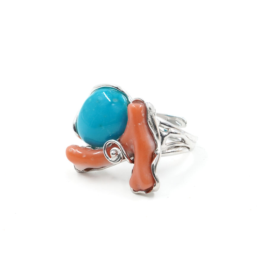 Anello in argento con ramo di corallo rosa e turchese - Rodiato - immagine 3