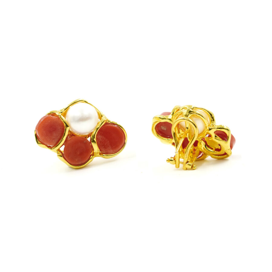 Orecchini in Argento con perla, corallo arancio - Dorato