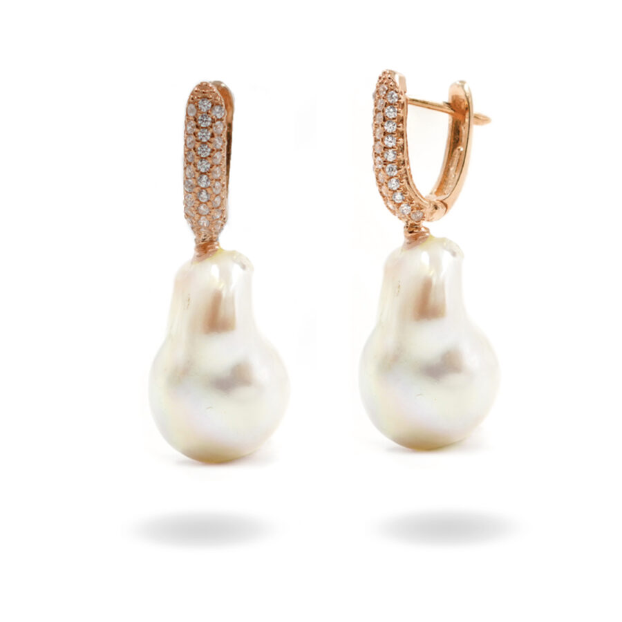 Orecchini in argento con perla barocca e zirconi – Rosè