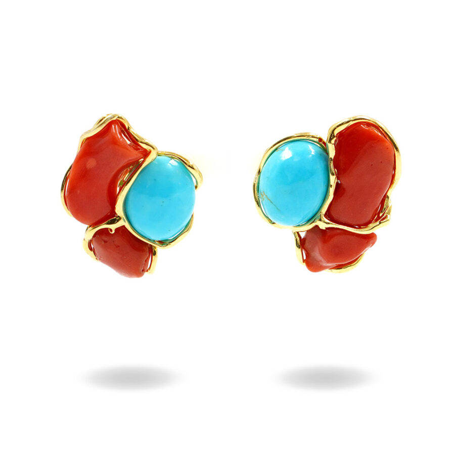 Orecchini in argento con corallo e turchese – Dorato