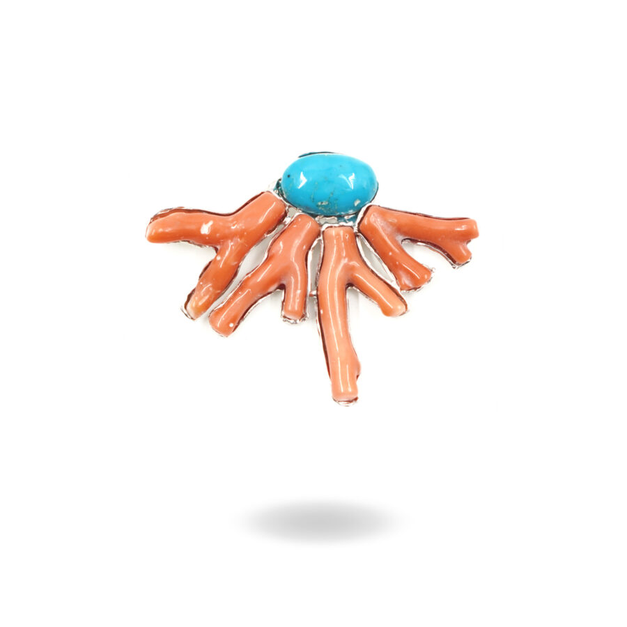 Pendente in argento con rami di corallo rosa e turchese - Rodiato
