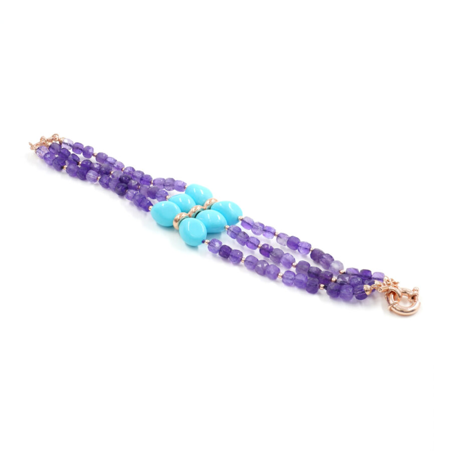 Bracciale Multifilo con ametista, pasta di turchese, chiusura in argento - Rosè
