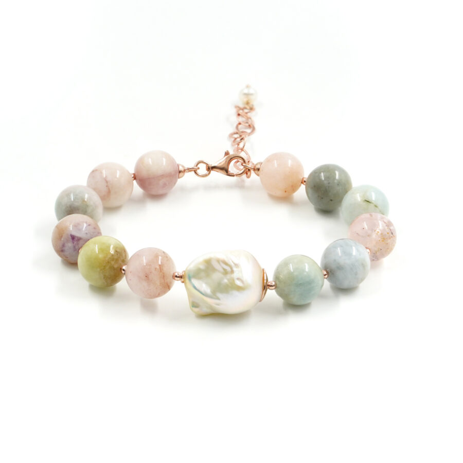 Bracciale con berillo, perla barocca, chiusura in argento - Rosè