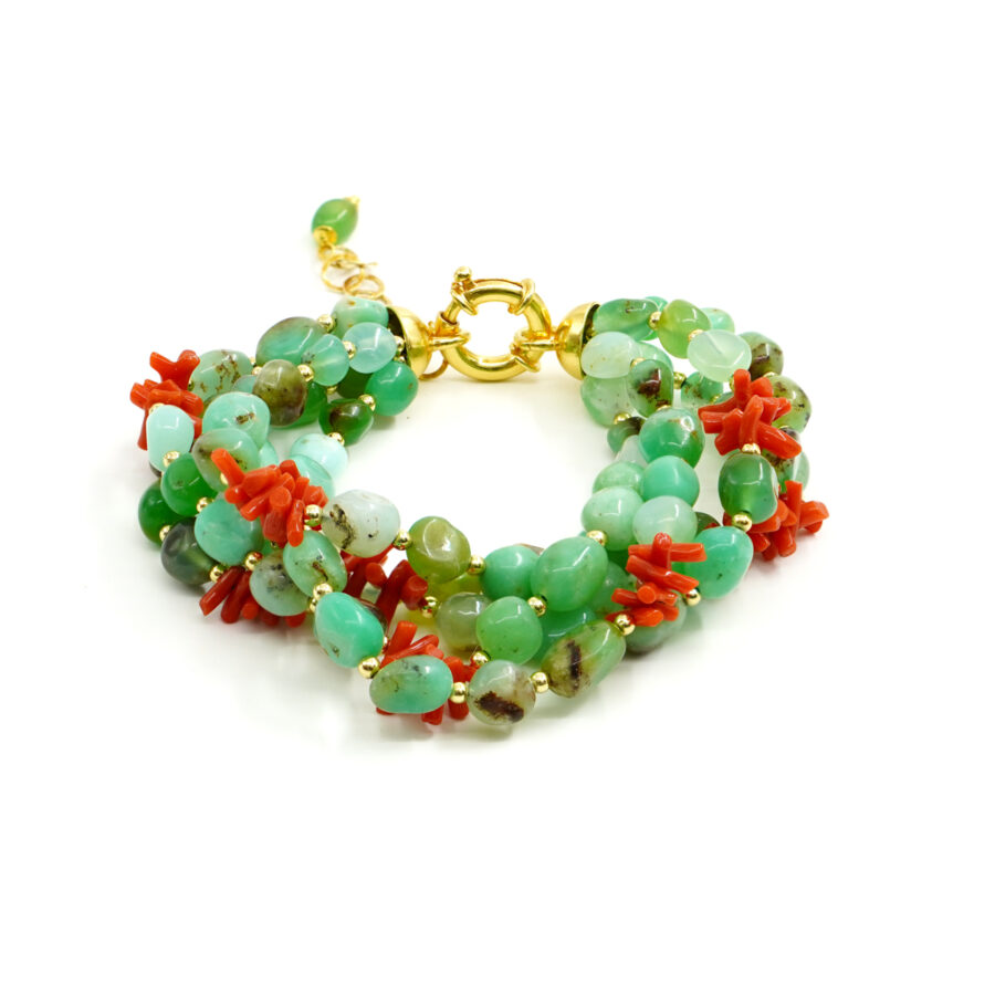 Bracciale Multifilo con sassi di crisoprasio, corallo, ematite, chiusura in argento - Dorato
