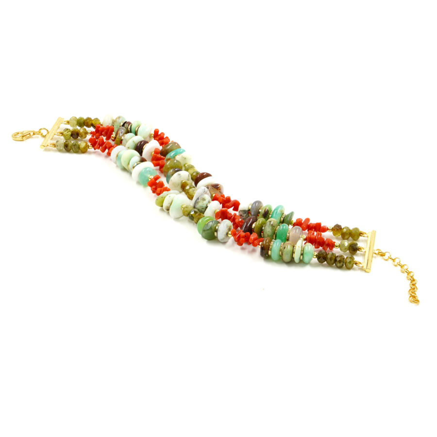 Bracciale Multifilo con rondella di crisoprasio, corallo, granato verde, chiusura in argento – Dorato