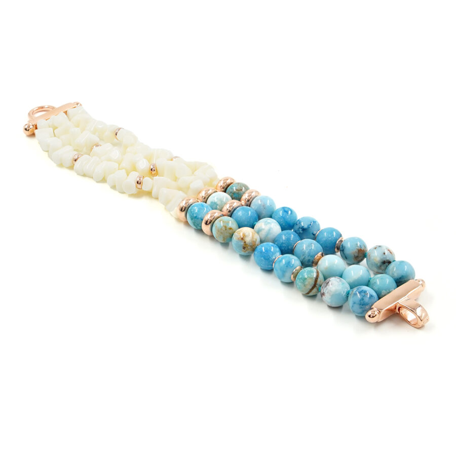 Bracciale Multifilo con corallo bianco, larimar, chiusura in argento – Rosè