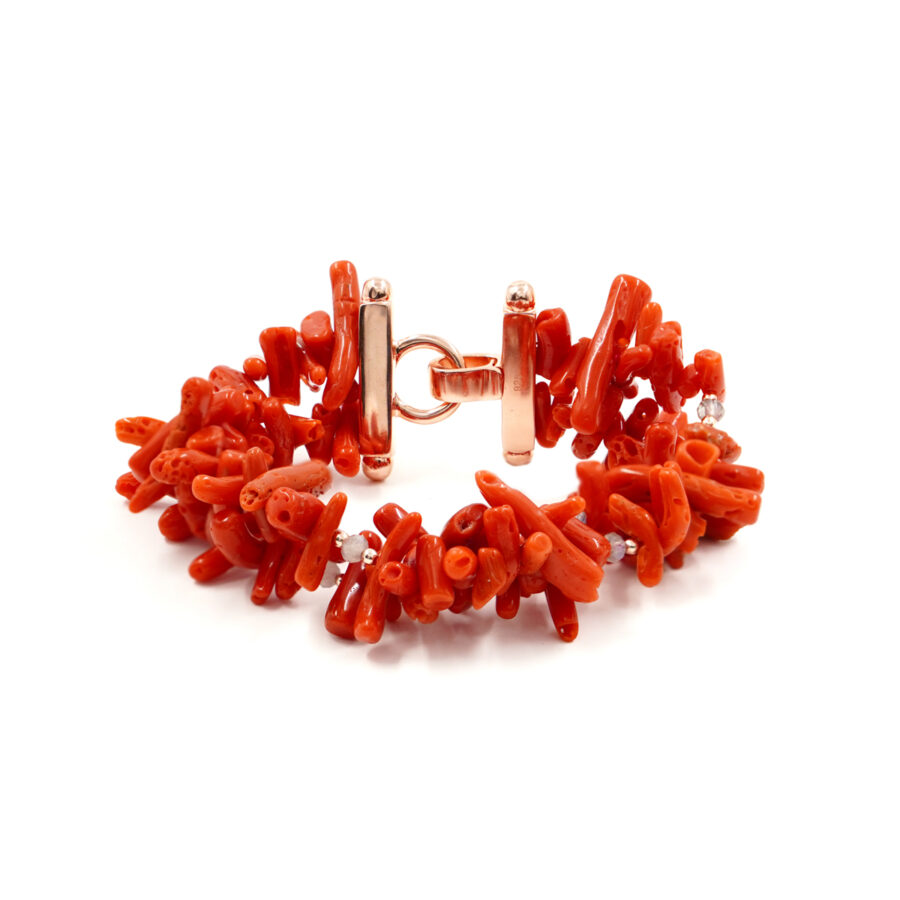 Bracciale Multifilo con corallo, labradorite, ematite, chiusura in argento – Rosè
