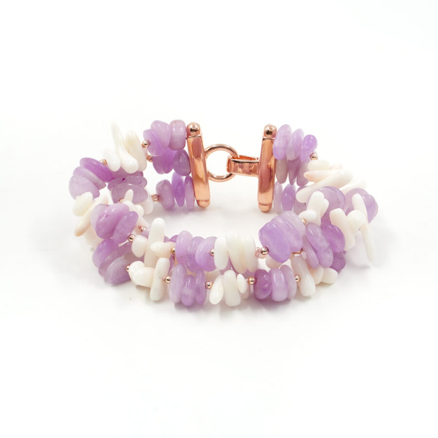 Bracciale Multifilo con corallo bianco, kunzite, chiusura in argento – Rosè