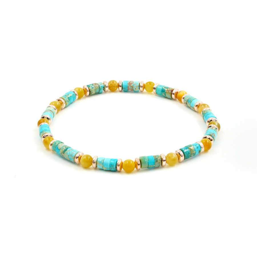 Bracciale Elastico con occhio di tigre dorato, diaspro imperiale azzurro, ematite