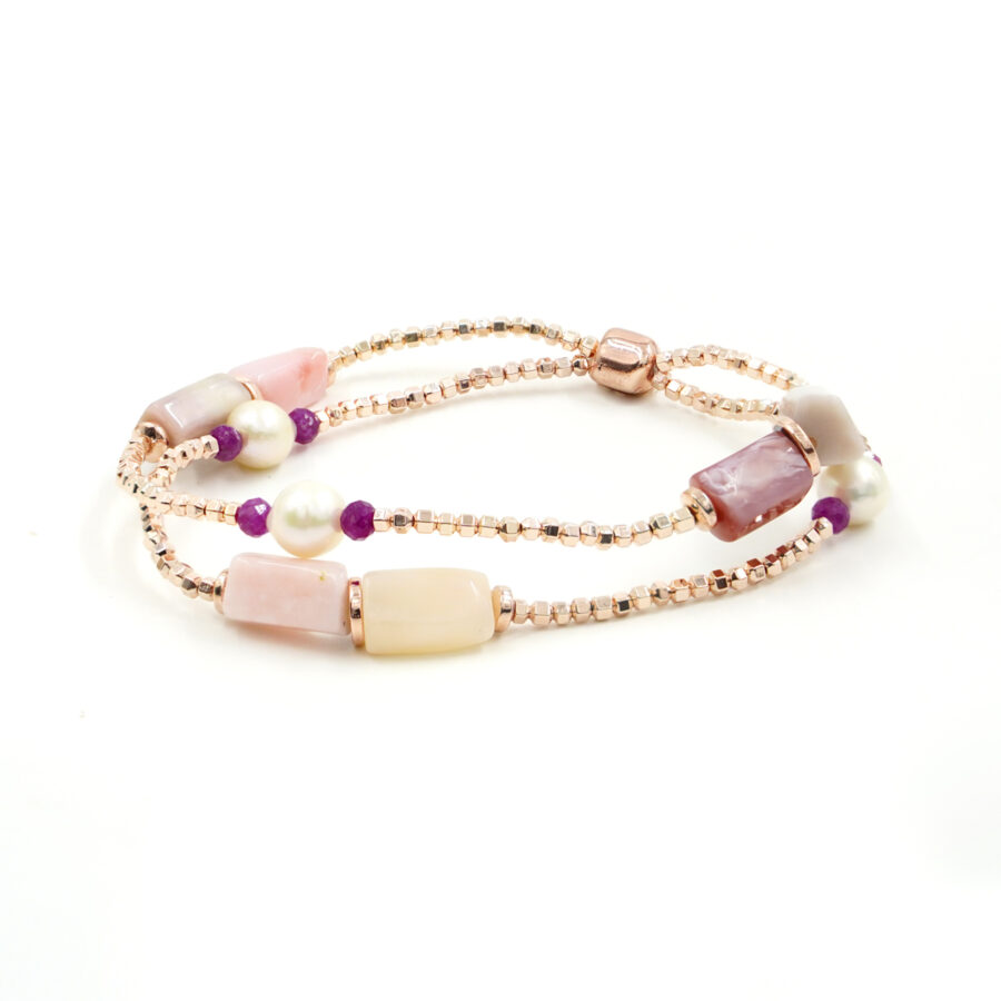 Bracciale Elastico Multifilo con ematite rosa, opale rosa, perla, rubino