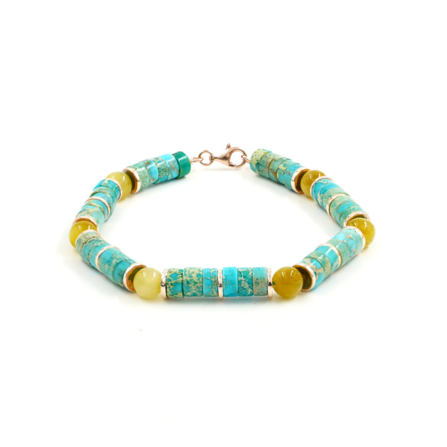Bracciale con occhio di tigre dorato, diaspro imperiale, ematite, chiusura in argento - Rosè