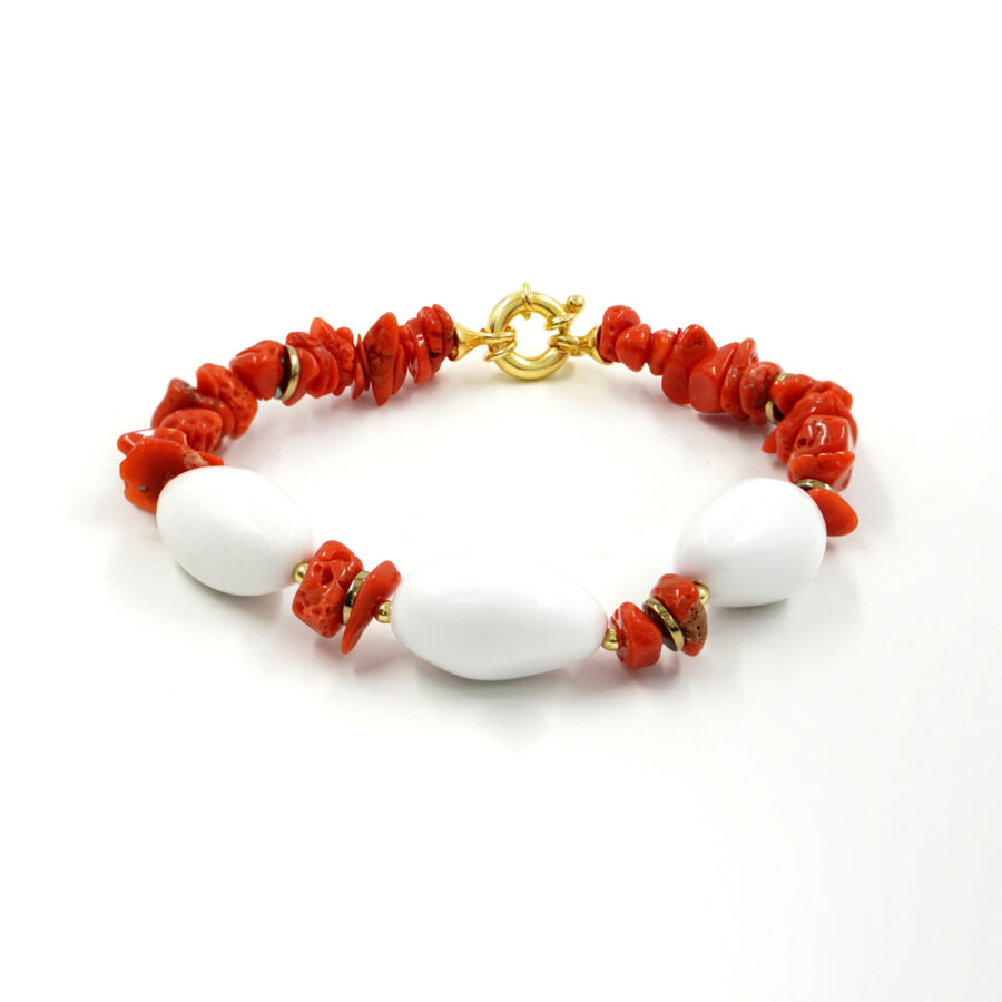 Bracciale con chips di corallo, agata bianca naturale, ematite e chiusura in argento - Dorato