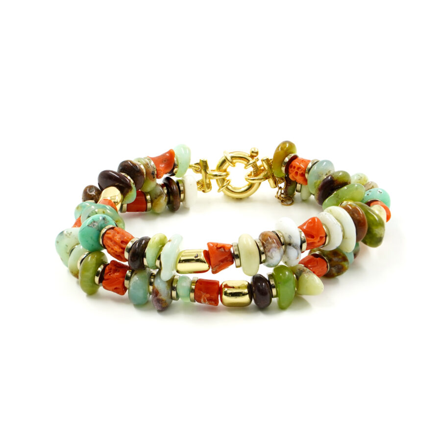 Bracciale Multifilo con chips di crisoprasio, corallo, ematite, chiusura in argento - Dorato
