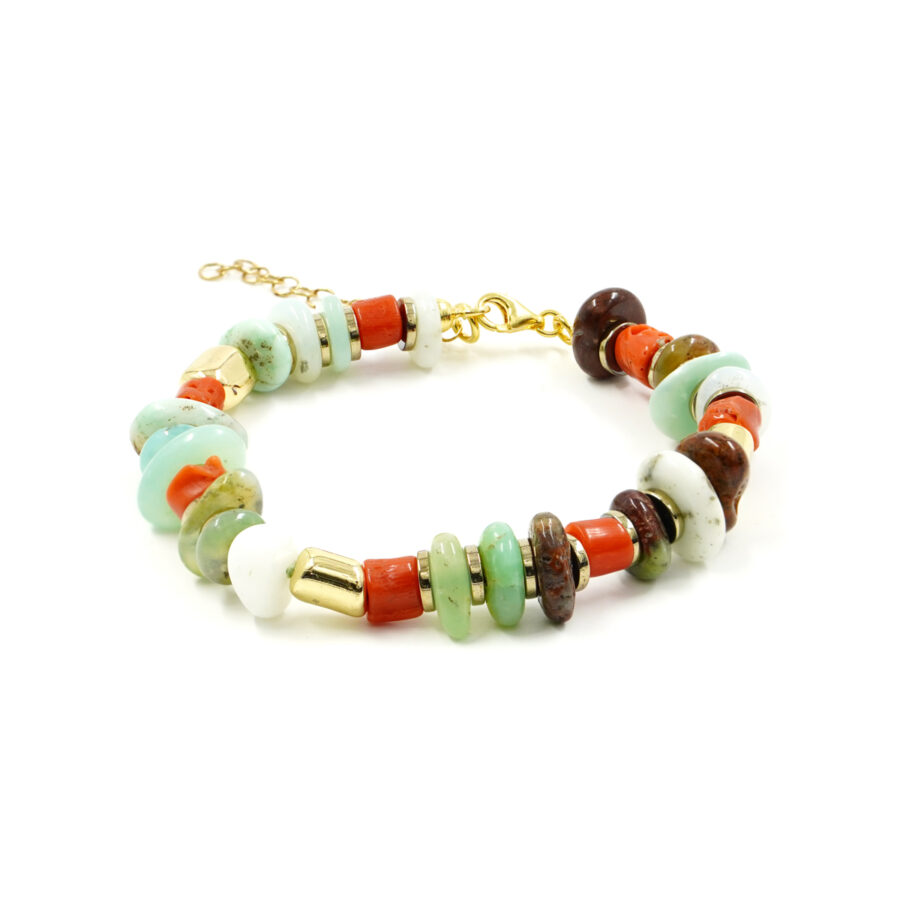Bracciale con chips di crisoprasio, corallo, ematite, chiusura in argento - Dorato