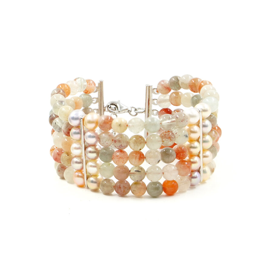 Bracciale Multifilo con pietra del sole, perla color naturale, ematite, chiusura in argento – Rodiato