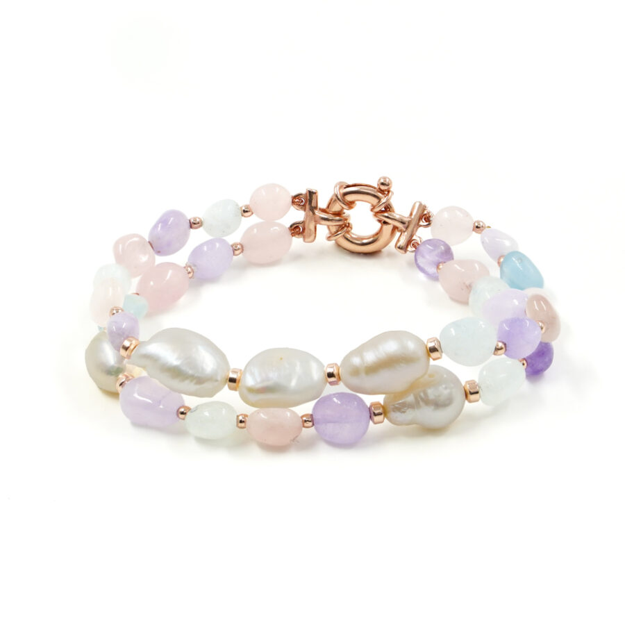 Bracciale Multifilo con acquamarina, morganite, ametista, perla, ematite, chiusura in argento - rosè