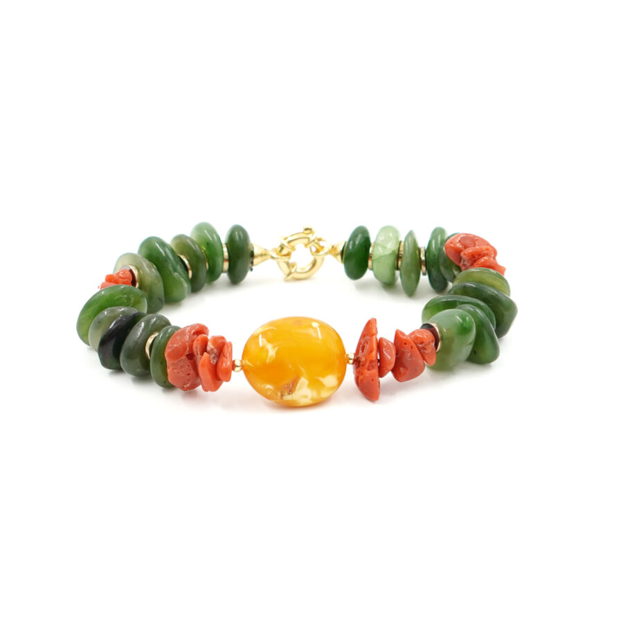 Bracciale con giada canadese, corallo, ambra, chiusura in argento – Dorato - immagine 2