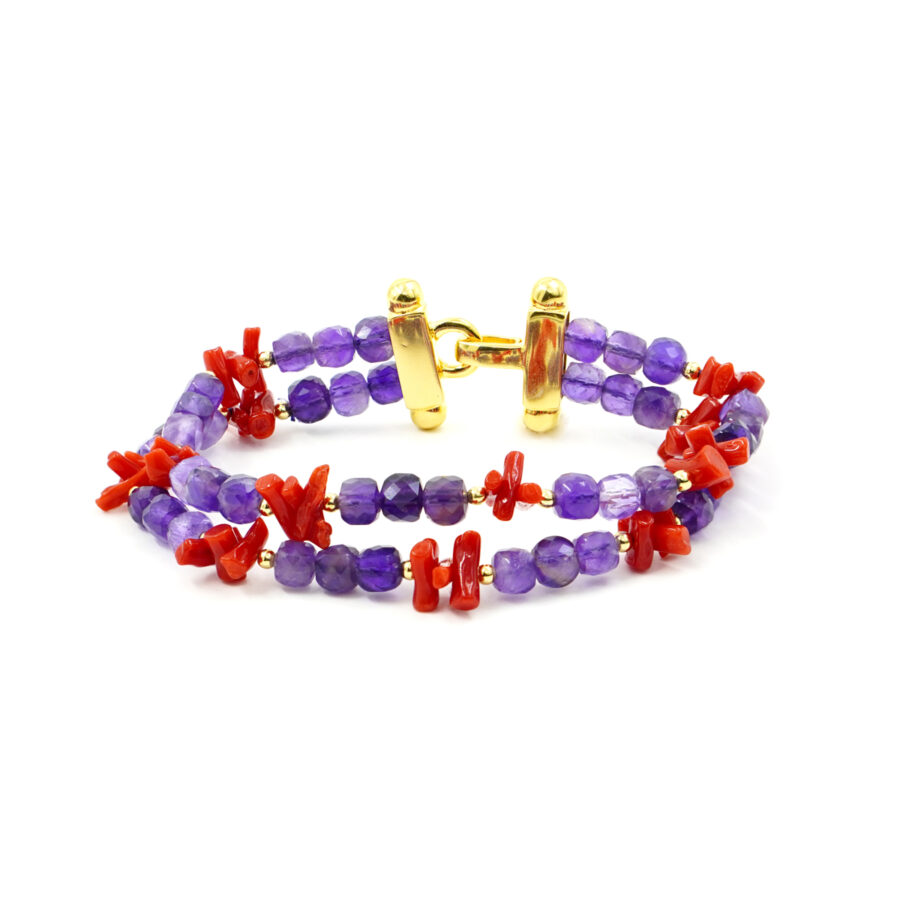 Bracciale Multifilo con ametista, corallo, chiusura in argento – Dorato