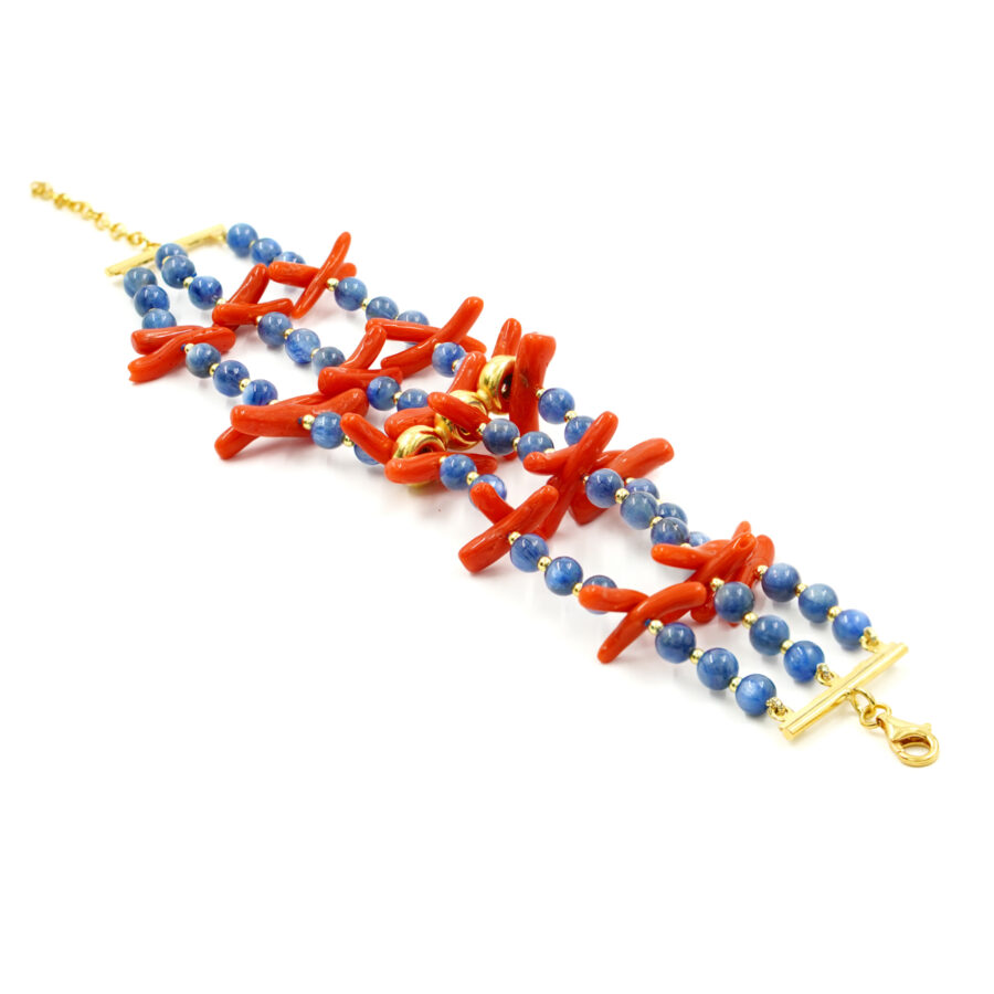Bracciale Multifilo con corallo, cianite, ematite, chiusura in argento – Dorato
