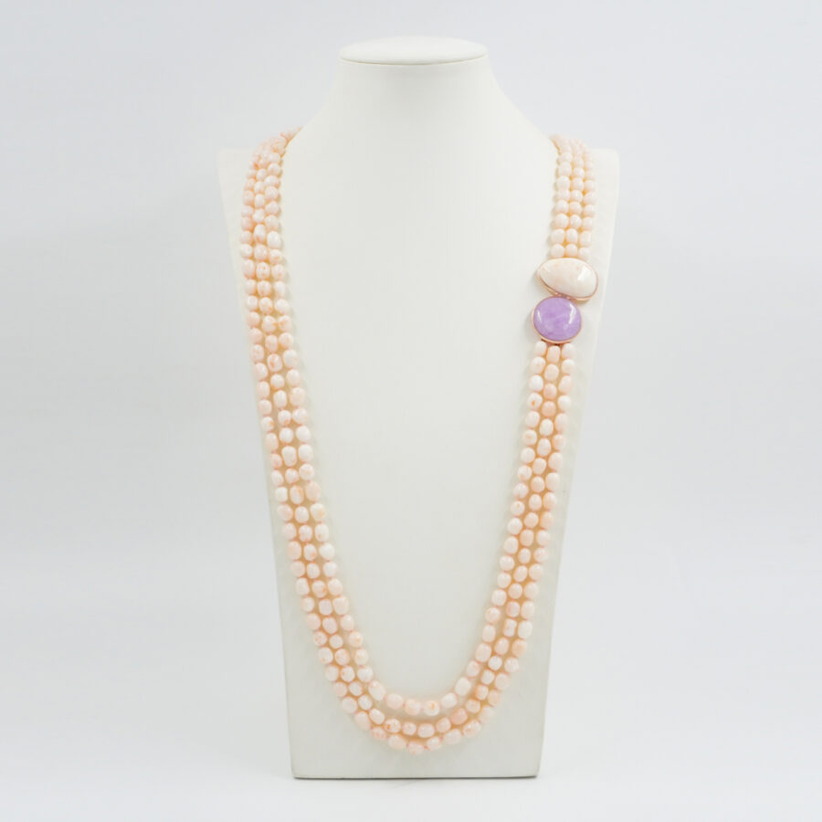 Collana Multifilo con sassi di corallo rosa e chiusura con spola di corallo rosa, kunzite in argento - Rosè - immagine 2