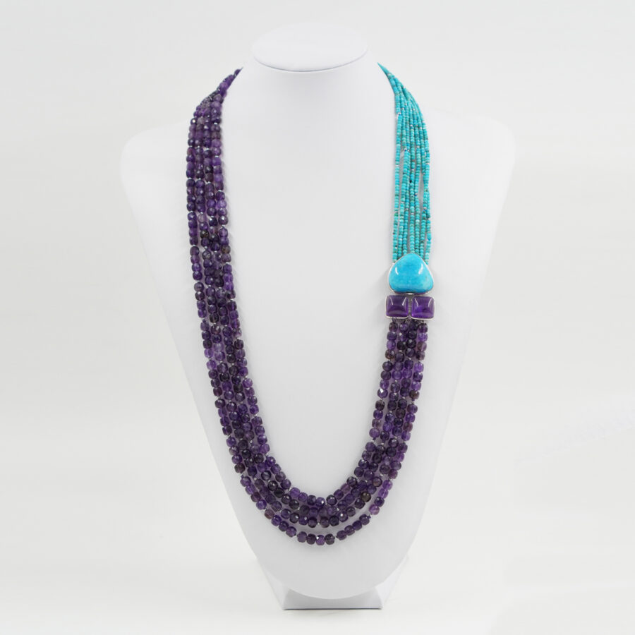 Collana Multifilo con ametista, turchese e chiusura con spola di turchese, ametista in argento - Rodiato