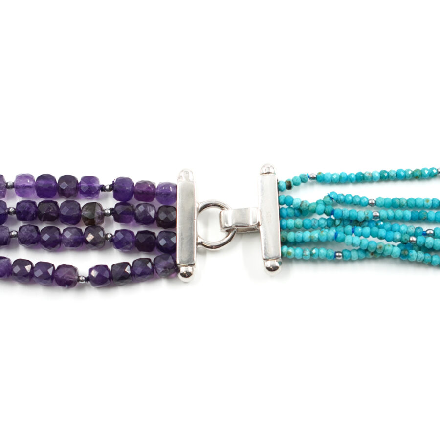Collana Multifilo con ametista, turchese e chiusura con spola di turchese, ametista in argento - Rodiato - immagine 2