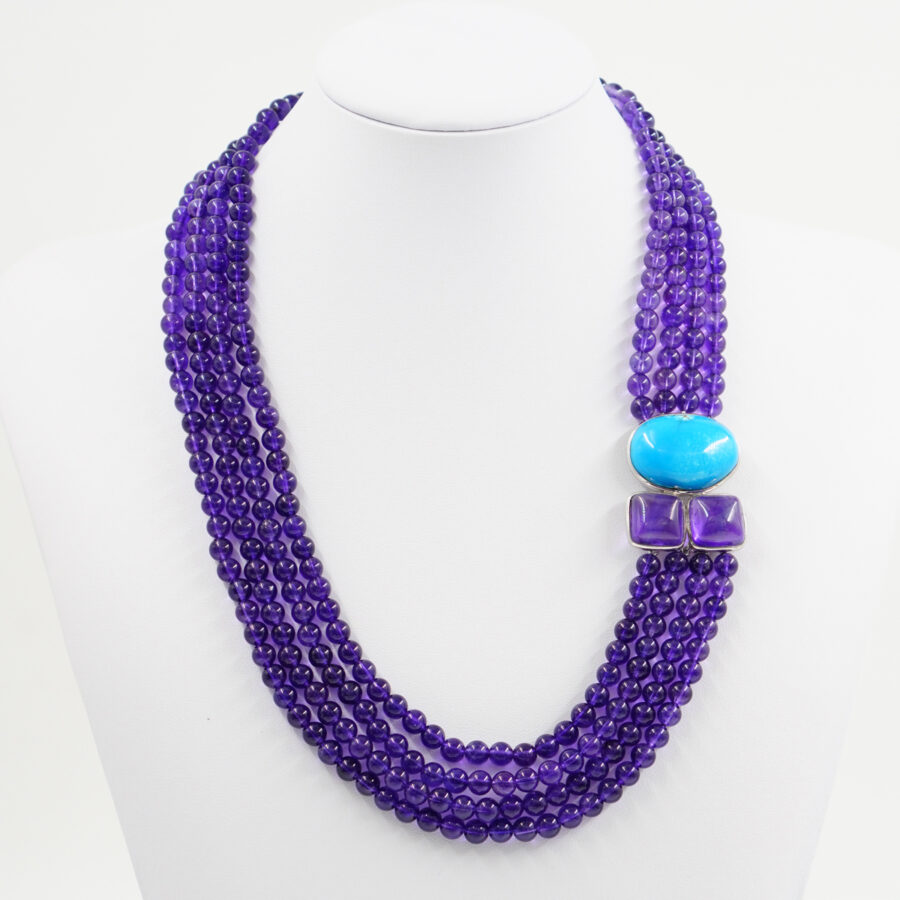 Collana Multifilo con ametista e chiusura con spola di turchese, ametista in argento - Rodiato