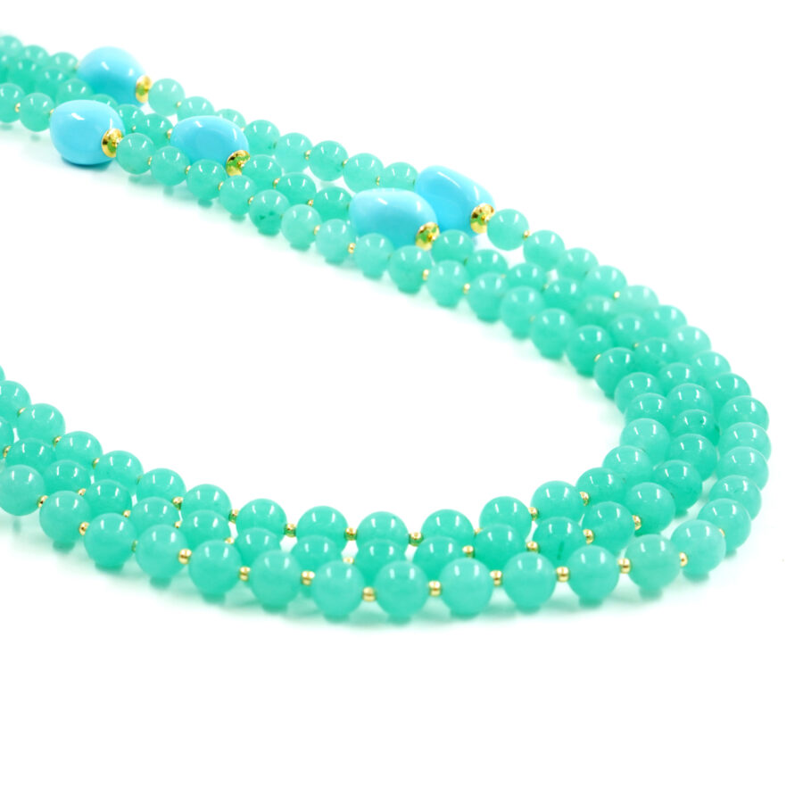 Collana Multifilo con quarzo spugna verde, pasta di turchese, ematite, chiusura in argento – Dorato