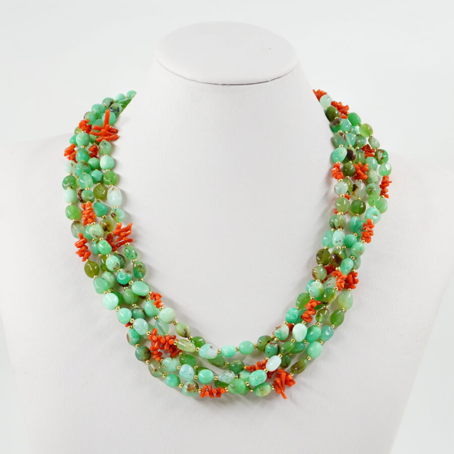 Collana Multifilo con sassi di crisoprasio, corallo, ematite, chiusura in argento - Dorato
