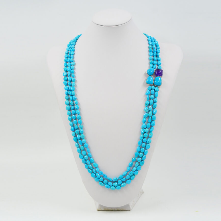 Collana Multifilo con sassi di turchese, e chiusura con spola di turchese, ametista in argento - Rodiato