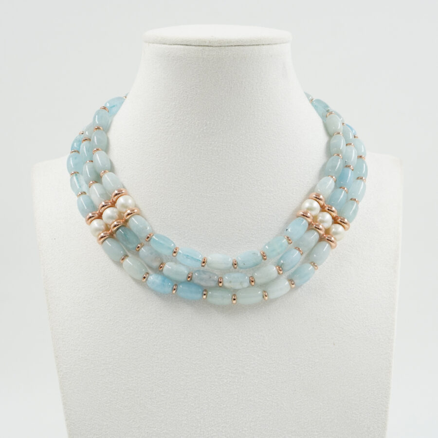 Collana Choker Multifilo con acquamarina, perla, ematite, chiusura in argento - Rosè