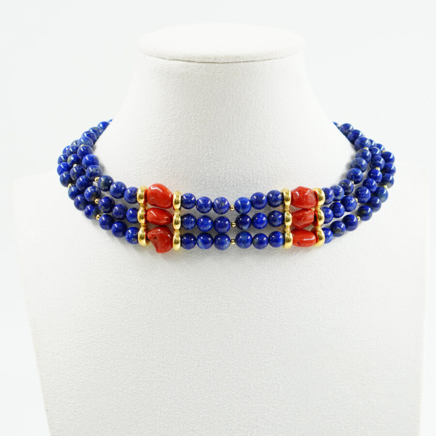 Collana Choker Multifilo con lapis, corallo, ematite, chiusura in argento - Dorato