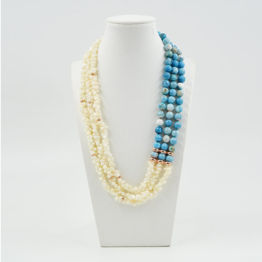 Collana Multifilo con corallo bianco, larimar, chiusura in argento – Rosè