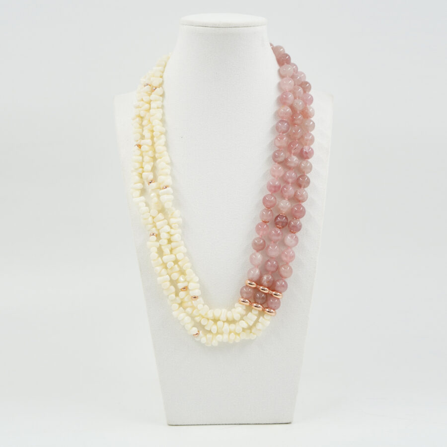 Collana Multifilo con corallo bianco, larimar, chiusura in argento – Rosè