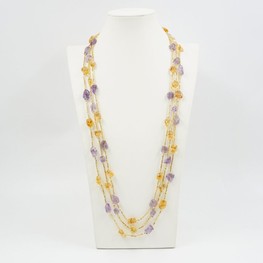 Collana Multifilo con ematite dorata, ametista, citrino, chiusura in argento – Dorato