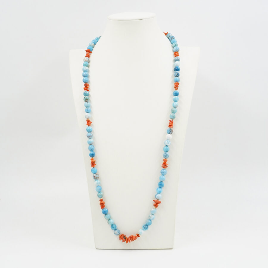 Collana con larimar, corallo, ematite, chiusura in argento – Dorato - immagine 2