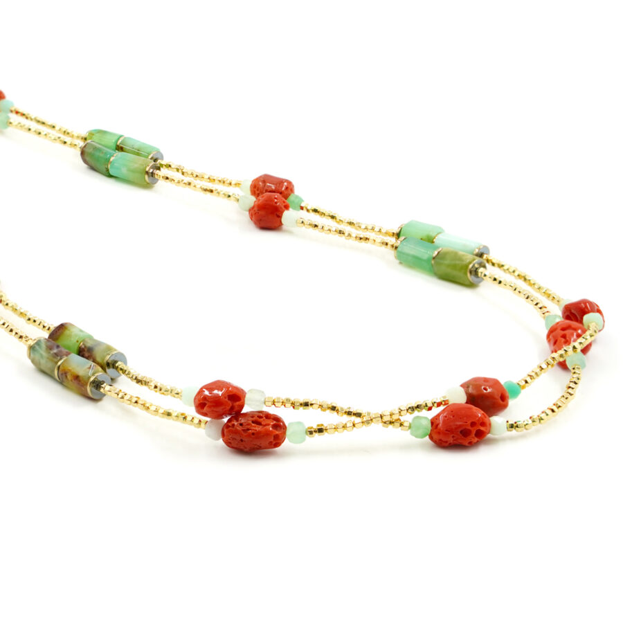 Collana Multifilo con ematite gialla, crisoprasio, corallo