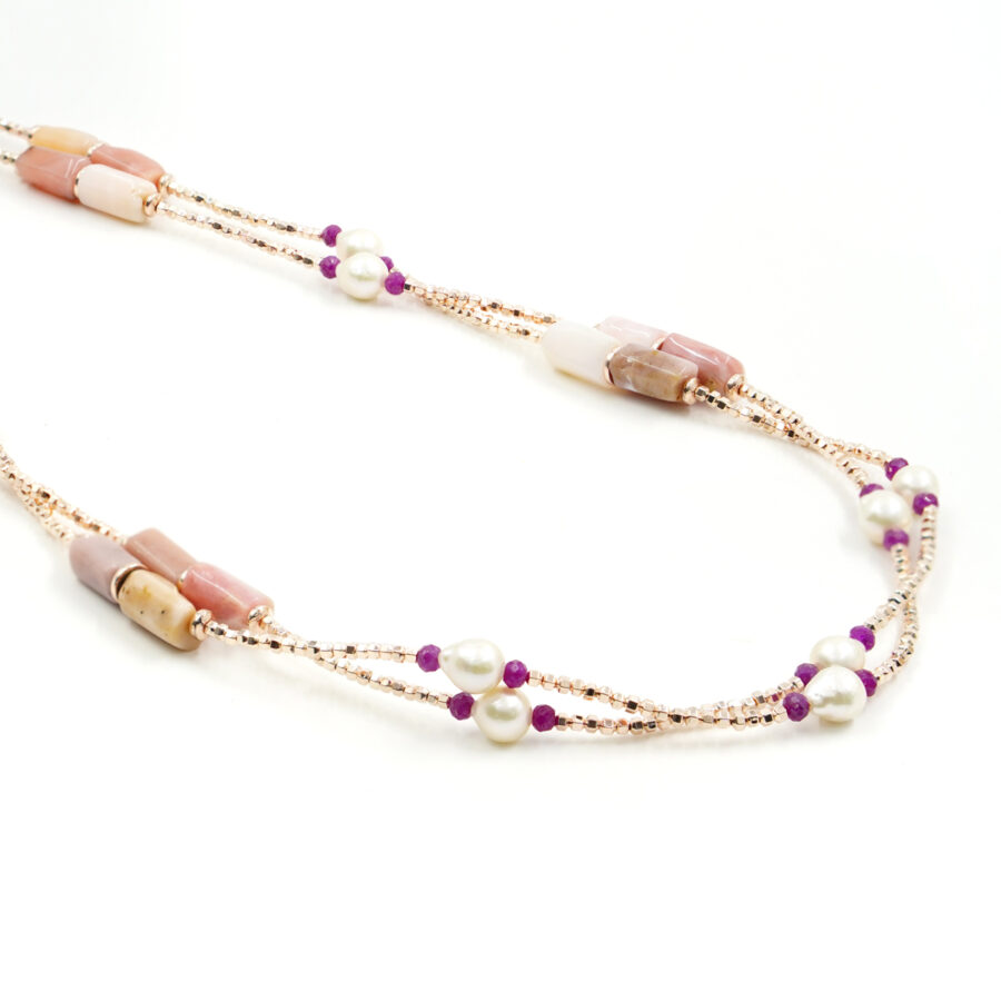 Collana Multifilo con ematite rosa, opale rosa, perla, rubino