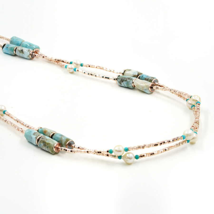 Collana Multifilo con ematite rosa, larimar, perla, turchese
