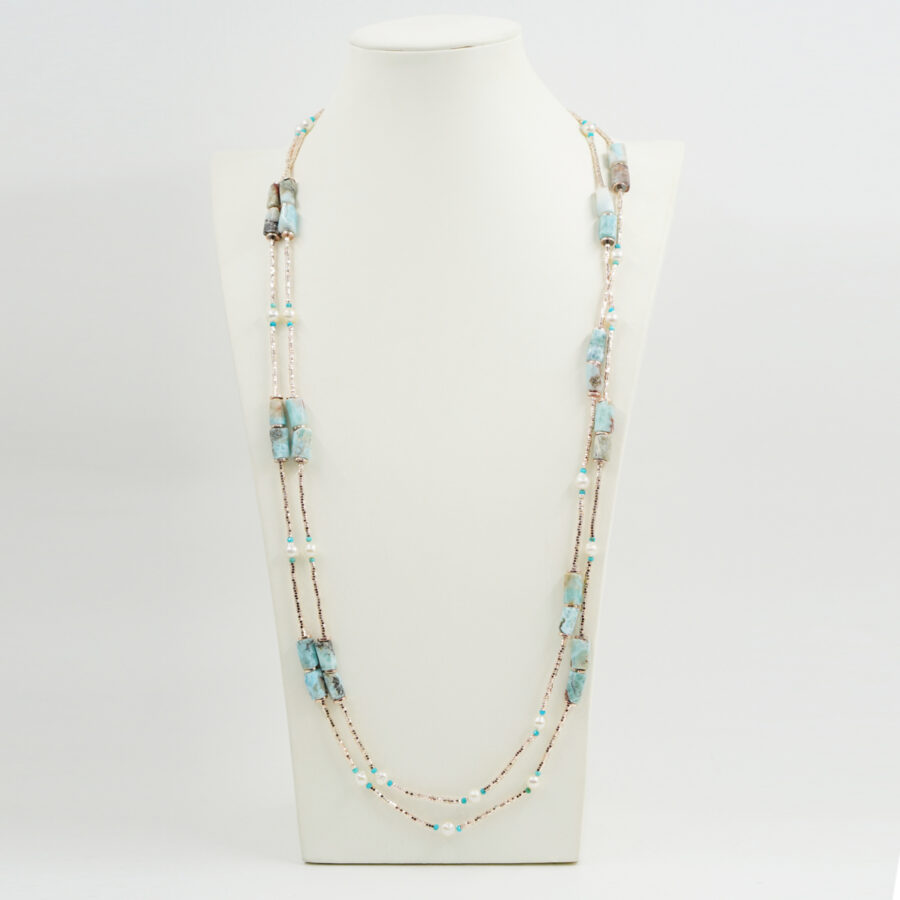 Collana Multifilo con ematite rosa, larimar, perla, turchese - immagine 2