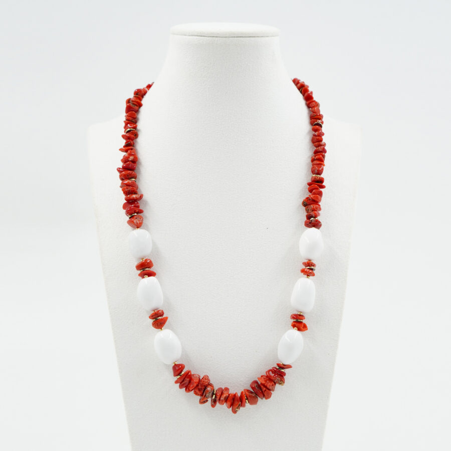 Collana con chips di corallo, agata bianca naturale, ematite e chiusura in argento - Dorato - immagine 2