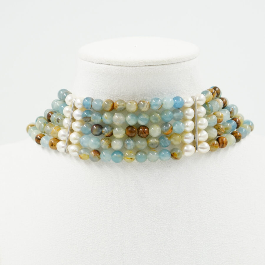 Collana Choker Multifilo con pietra del sole, perla color naturale, ematite, chiusura in argento – Rodiato